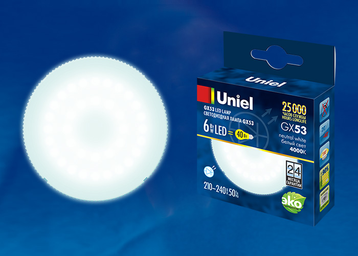 LED-GX53-6W/NW/GX53/FR PLZ01WH Лампа светодиодная, матовая. Белый свет. Картон. ТМ Uniel. LED-GX53-6W/NW/GX53/FR PLZ01WH Лампа светодиодная, матовая. Белый свет. Картон. ТМ Uniel.