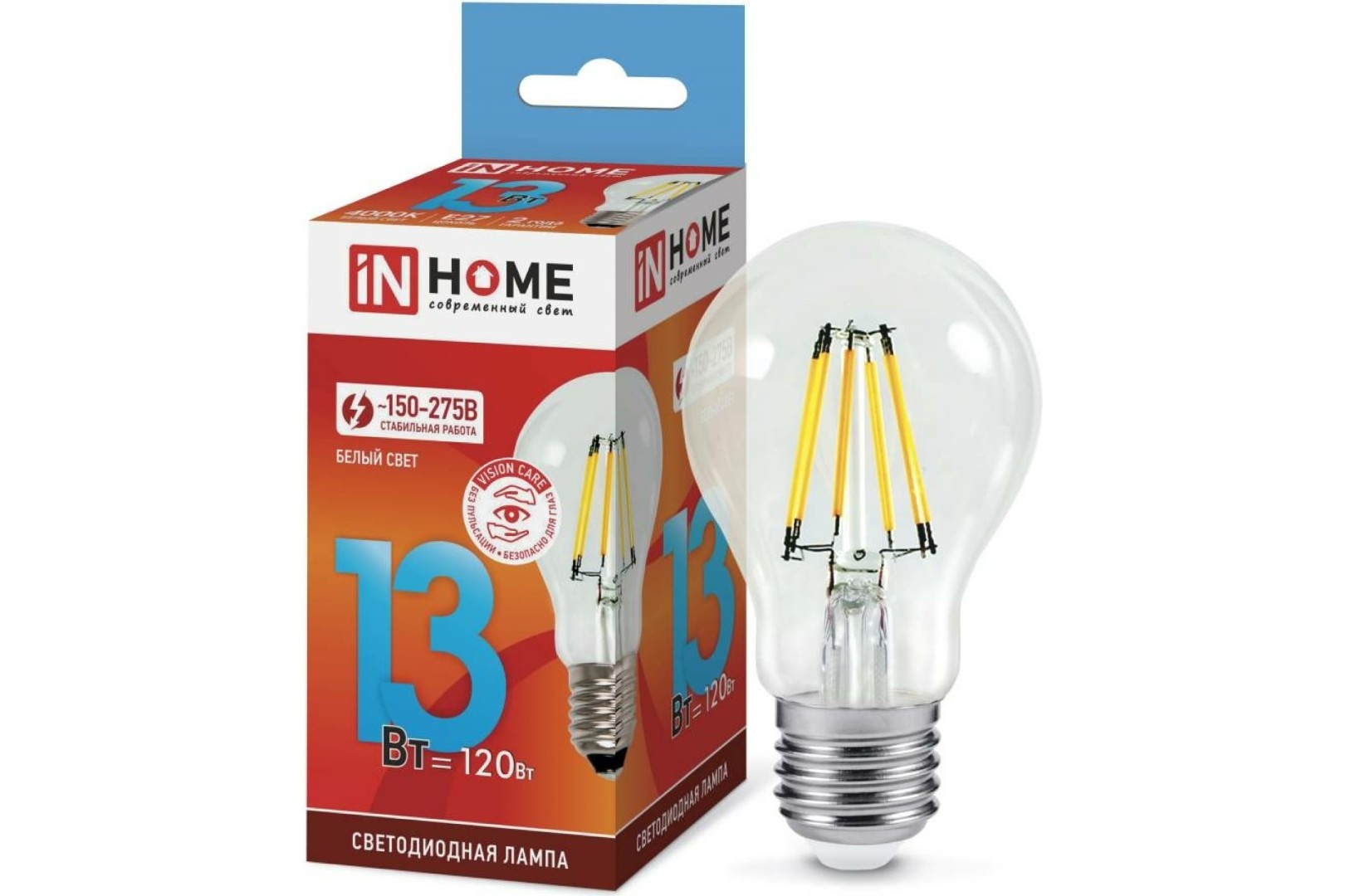 Лампа светодиодная LED-A60-deco 13Вт 230В Е27 4000К 1370Лм прозрачная IN HOME Лампа светодиодная LED-A60-deco 13Вт 230В Е27 4000К 1370Лм прозрачная IN HOME